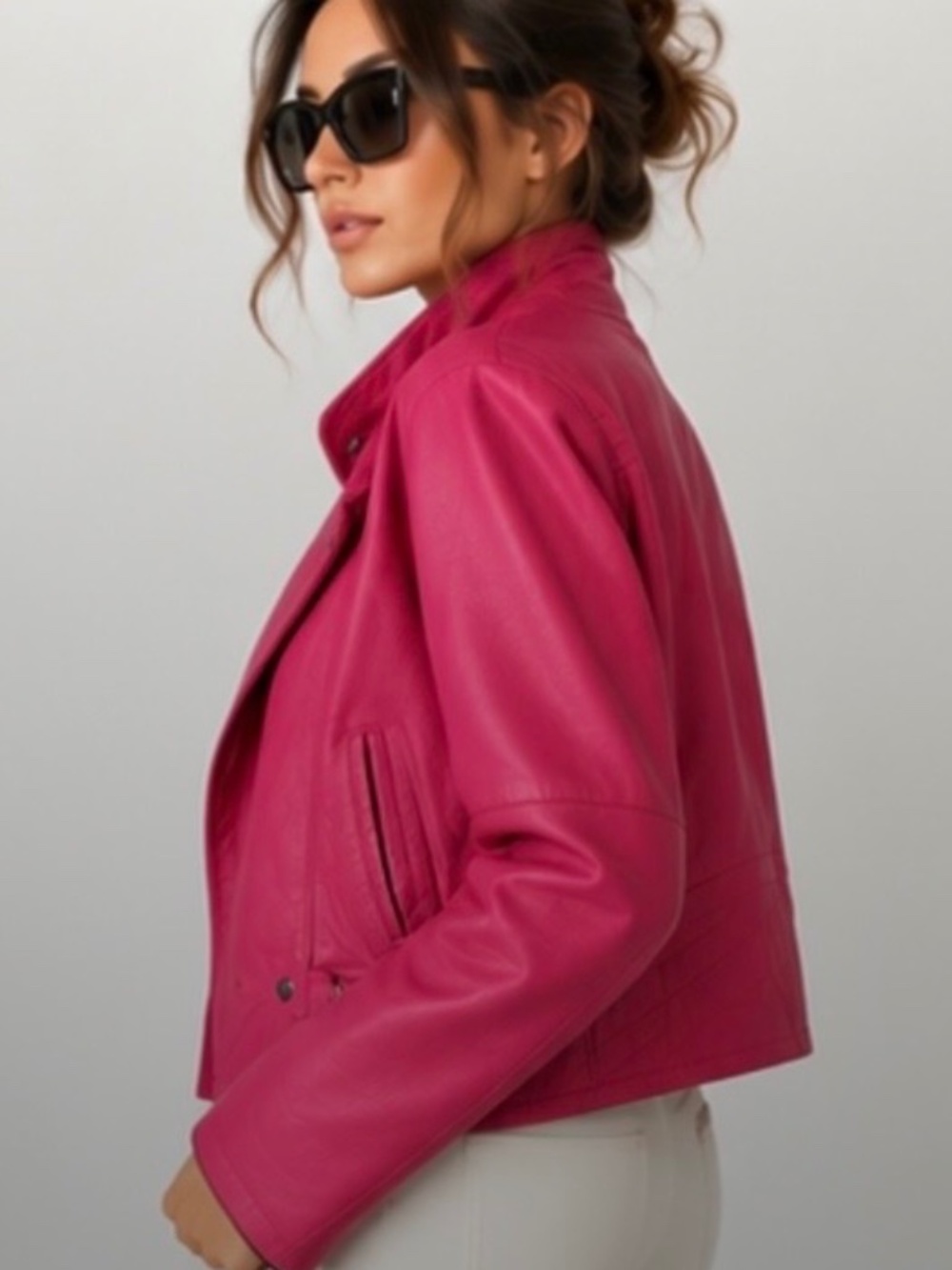 Vintage 80s Hot Pink Genuine Leather Jacket Asymmetric Moto Dolman Sleeve S USA